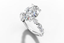 Load image into Gallery viewer, Oval lab diamond engagement ring with alternating marquise and round accents in 14k white gold, angled view
