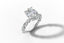 Load image into Gallery viewer, Three-quarter view of oval diamond ring with hidden halo and shared-prong marquise and round accent band
