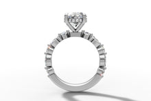 Load image into Gallery viewer, Profile view showing the hidden halo of pave diamonds beneath the oval center stone
