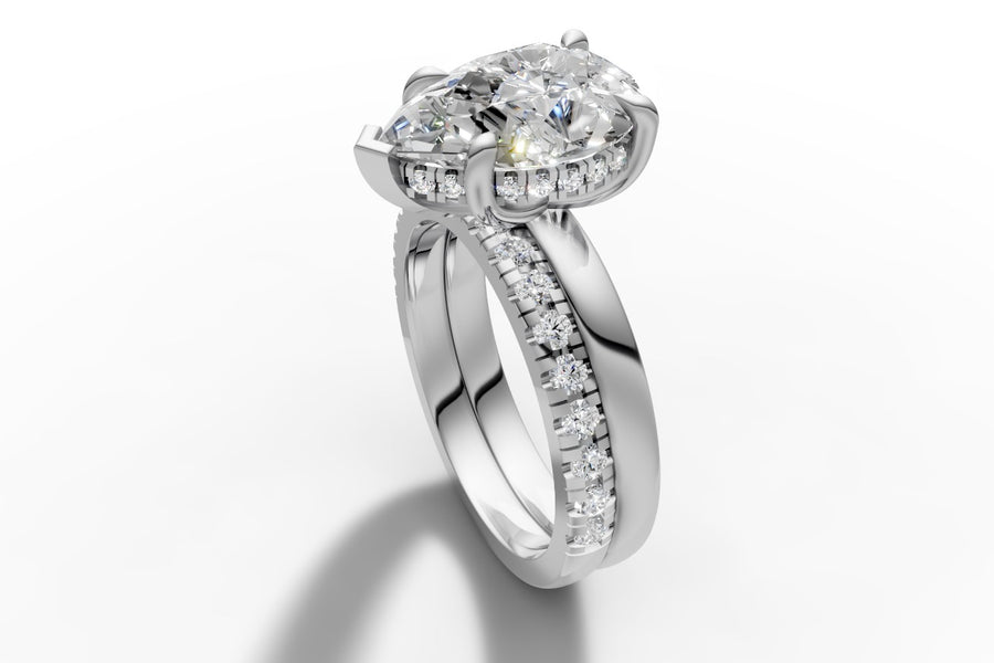 Pear-cut lab diamond engagement ring in 14k white gold with hidden halo and fused double band, one high-polish and one french-pave