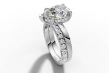 Load image into Gallery viewer, Pear-cut lab diamond engagement ring in 14k white gold with hidden halo and fused double band, one high-polish and one french-pave
