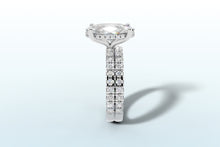Load image into Gallery viewer, Front profile of oval diamond hidden halo ring showing double row of french-set pave diamonds
