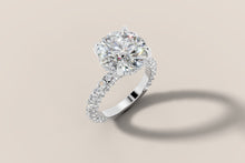 Load image into Gallery viewer, Round brilliant lab diamond engagement ring with hidden halo and three-sided pave band in 14k white gold
