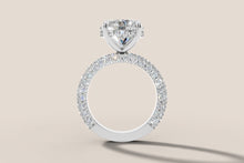 Load image into Gallery viewer, Profile view showing the hidden halo of pave diamonds beneath the round brilliant center stone
