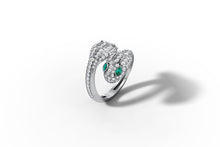 Load image into Gallery viewer, Diamond snake ring with emerald eyes in 14k white gold, angled view on white background
