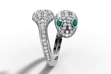 Load image into Gallery viewer, Snake head detail with marquise emerald eyes and pave lab diamonds, 14k white gold snake ring
