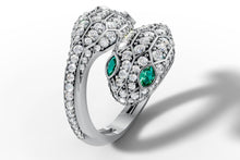 Load image into Gallery viewer, Close-up of pave diamond snake scales and marquise emerald eyes on 14k white gold snake ring
